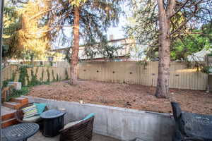 Fenced backyard featuring a patio