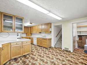 Kitchen with glass insert cabinets, light countertops, a textured ceiling, and white dishwasher