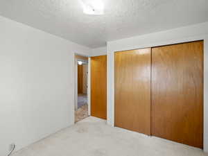 Unfurnished bedroom featuring carpet, a closet, and a textured ceiling
