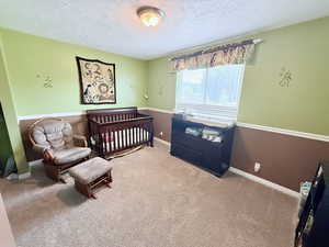 Carpeted bedroom featuring a nursery area and a textured ceiling