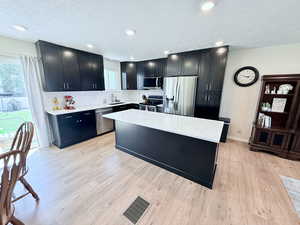 Kitchen featuring dark cabinets, light stone countertops, a textured ceiling, appliances with stainless steel finishes, and light wood finished floors