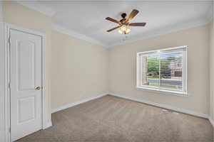 Unfurnished room with ornamental molding, light carpet, and a ceiling fan