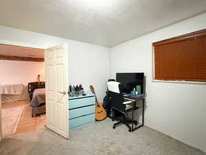 Office space featuring a textured ceiling and carpet flooring