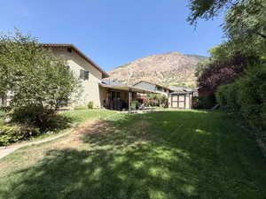 View of grassy yard with a storage unit, a patio area, and a mountain view