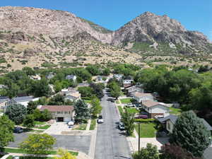Aerial view of residential area with a mountain backdrop