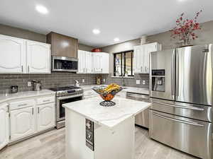 Kitchen with appliances with stainless steel finishes, a kitchen island, white cabinetry, decorative backsplash, and recessed lighting
