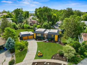 Aerial view of residential area with a mountain backdrop