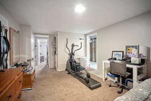 Bedroom featuring light carpet and utility/laundry access