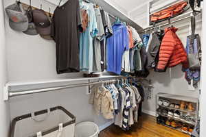 Walk in closet featuring dark wood-style flooring