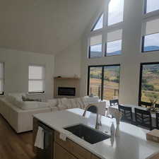 Kitchen featuring high vaulted ceiling, light stone countertops, a glass covered fireplace, dishwasher, and open floor plan