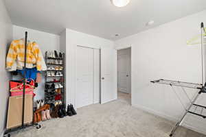 Spacious closet with light colored carpet