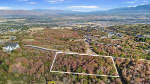 Aerial view of property and surrounding area with a mountainous background and property parcel outlined