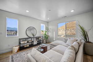 Living room featuring wood finished floors and recessed lighting