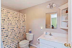 Full bathroom with vanity and curtained shower