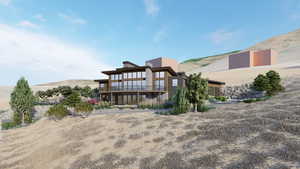 Back of property with a mountain view