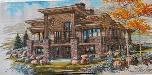 Snow covered rear of property featuring a chimney, a balcony, and stone siding