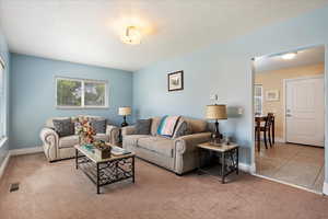 Carpeted living area featuring tile patterned flooring and a textured ceiling