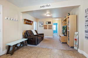 Living room featuring light carpet and light tile patterned flooring