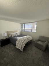 Bedroom with dark carpet and a textured ceiling