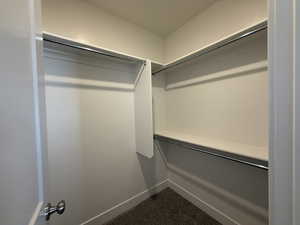 Walk in closet featuring dark carpet