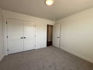 Unfurnished bedroom with carpet floors, a textured ceiling, and a closet