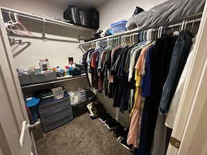 Spacious closet featuring dark carpet