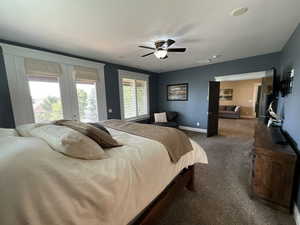 Carpeted bedroom with access to outside and ceiling fan