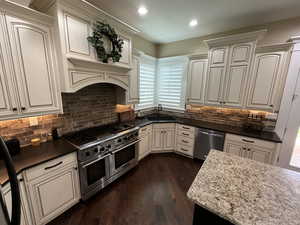 Kitchen featuring plenty of natural light, stainless steel appliances, dark wood finished floors, decorative backsplash, and recessed lighting
