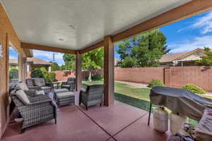 Fenced backyard with a patio, an outdoor hangout area, and a grill