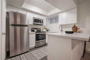 Kitchen featuring a peninsula, stainless steel appliances, a tray ceiling, white cabinets, and a breakfast bar