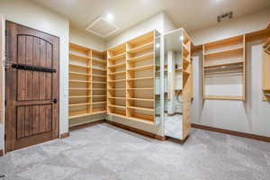 Spacious closet featuring attic access and light carpet