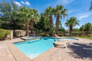 View of pool with a patio area and a pool with connected hot tub