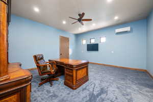Carpeted home office featuring recessed lighting and a ceiling fan