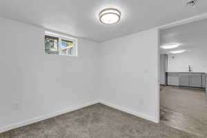 Below grade area featuring a textured ceiling and light carpet