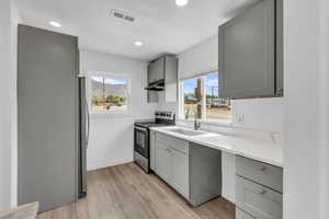 Kitchen featuring gray cabinetry, stainless steel appliances, healthy amount of natural light, light wood-style flooring, and recessed lighting