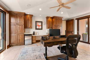 Home office with light tile patterned flooring, recessed lighting, and ceiling fan