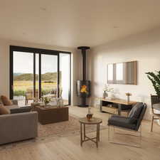 Living area with wood-type flooring and a mountain view