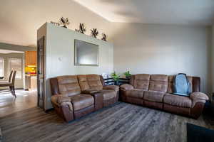 Living area featuring lofted ceiling and dark wood finished floors