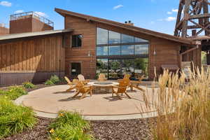 Main lobby building with community fire pit