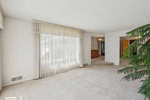 Unfurnished room featuring carpet floors and a textured ceiling