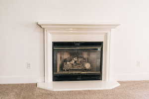 Detailed view of a glass covered fireplace and carpet flooring