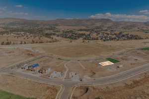 Aerial view of sparsely populated area featuring a mountain backdrop