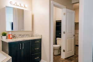 Bathroom featuring vanity and dark wood finished floors