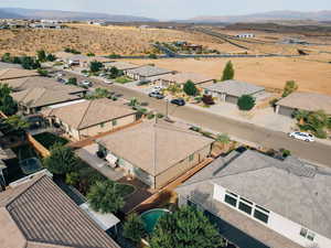Aerial view of residential area with a mountain backdrop