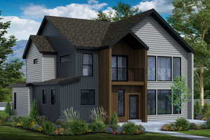 View of front facade featuring a balcony, a shingled roof, and a mountain view