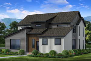 View of front of home featuring a mountain view, a front lawn, and roof with shingles