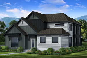 View of front of house featuring a mountain view, board and batten siding, a front lawn, and a shingled roof