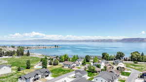Aerial view of residential area with a water and mountain view
