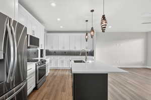 Downstairs ADU. Kitchen featuring tasteful backsplash, stainless steel appliances, white cabinets, light wood-type flooring, and hanging light fixtures
