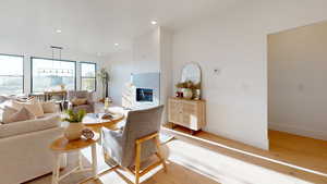 Living area featuring recessed lighting and light wood-style floors